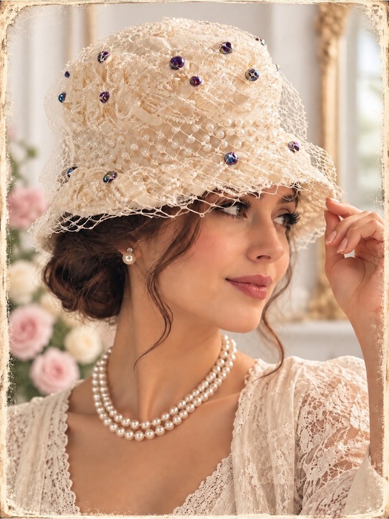 Union Accessories - Vintage Ivory Lace Cloche Hat w/ Pearls & Iridescent Beaded Veil